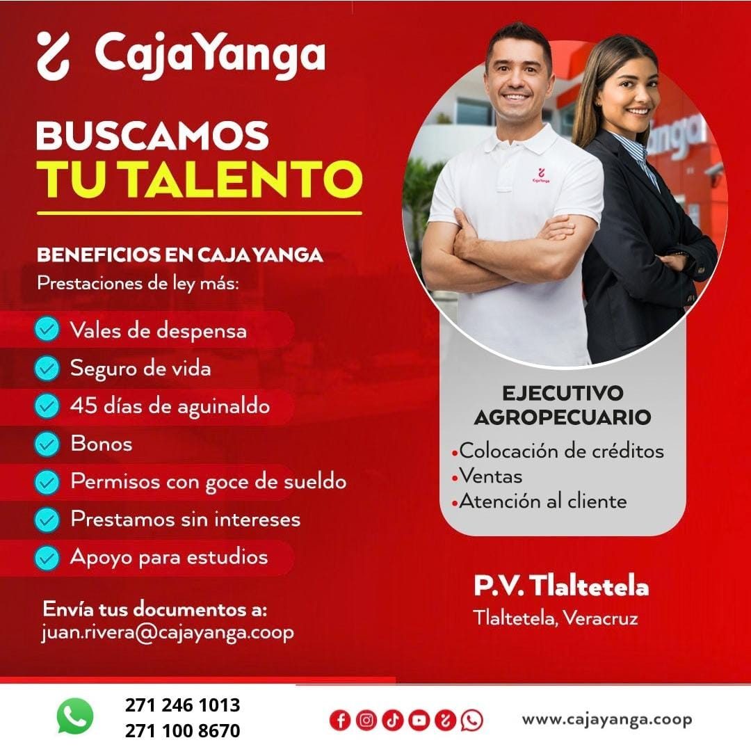 Banner del anuncio de la vacante: & Caja Yanga · BUSCAMOS · TU TALENTO · BENEFICIOS EN CAJA YANGA · Prestaciones de ley más: · Vales de despensa · Seguro de vida · 45 días de