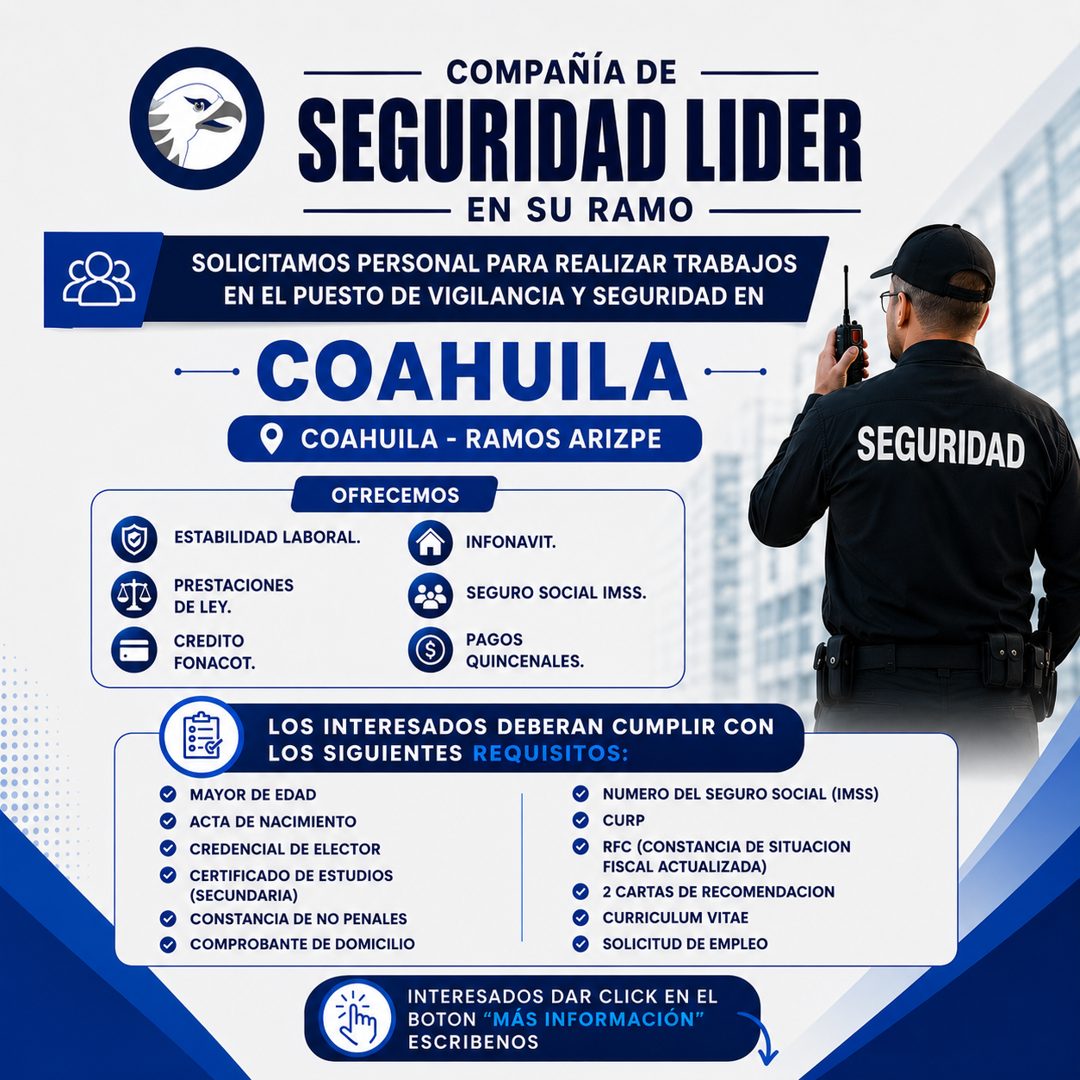 Banner del anuncio de la vacante: COMPAÑÍA DE · SEGURIDAD LIDER · EN SU RAMO • · SOLICITAMOS PERSONAL PARA REALIZAR TRABAJOS · EN EL PUESTO DE VIGILANCIA Y SEGURIDAD EN · • C