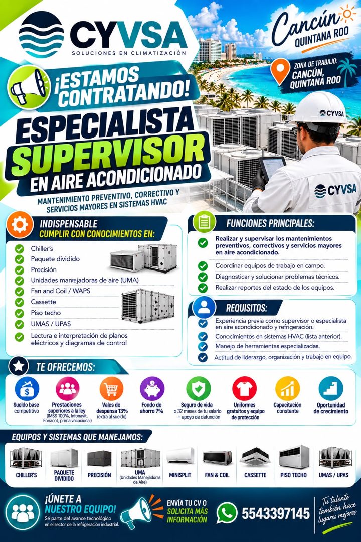 Banner del anuncio de la vacante: CYVSA · SOLUCIONES EN CLIMATIZACIÓN · ¡ESTAMOS · CONTRATANDO! · ESPECIALISTA · SUPERVISOR · EN AIRE ACONDICIONADO · MANTENIMIENTO PREVENTIVO