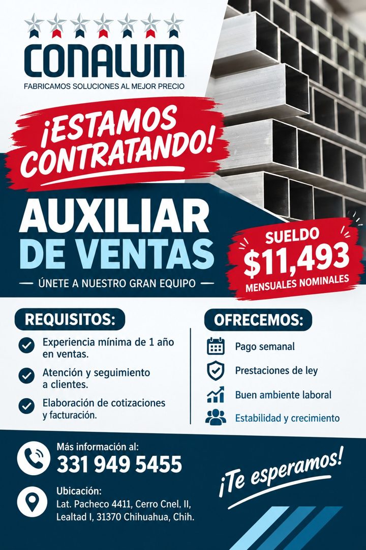Banner del anuncio de la vacante: CONALUM · FABRICAMOS SOLUCIONES AL MEJOR PRECIO · ¡ESTAMOS · CONTRATANDO! · AUXILIAR · DE VENTAS · — ÚNETE A NUESTRO GRAN EQUIPO - · REQUISI
