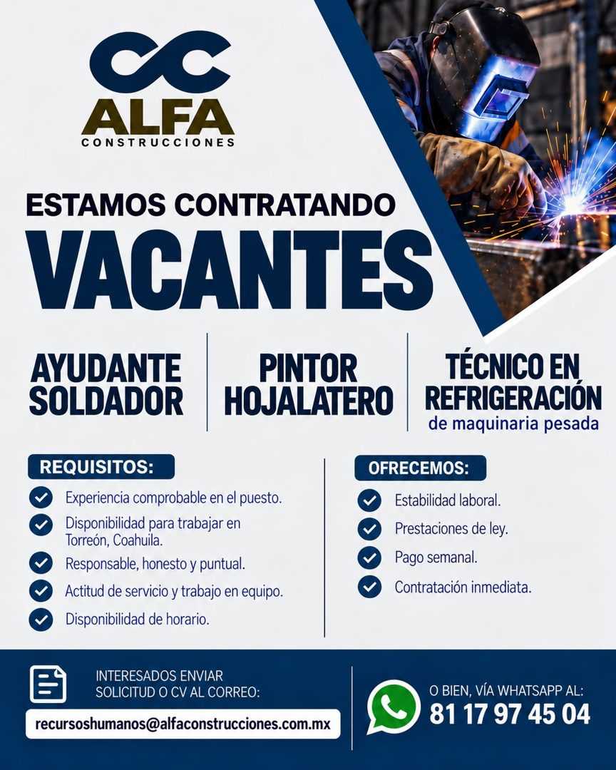 Banner del anuncio de la vacante: ALFA · CONSTRUCCIONES · ESTAMOS CONTRATANDO · VACANTES · AYUDANTE · SOLDADOR · PINTOR · HOJALATERO · REQUISITOS: · Experiencia comprobable e
