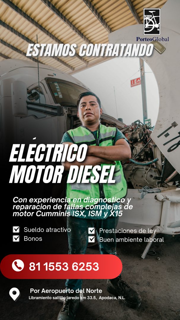 Banner del anuncio de la vacante: PorteoGlobal · ESTAMOS CONTRATANDO · ELECTRICO · MOTOR DIESEL · Con experiencia en diagnostico y · reparacion de faltas complejas de · motor