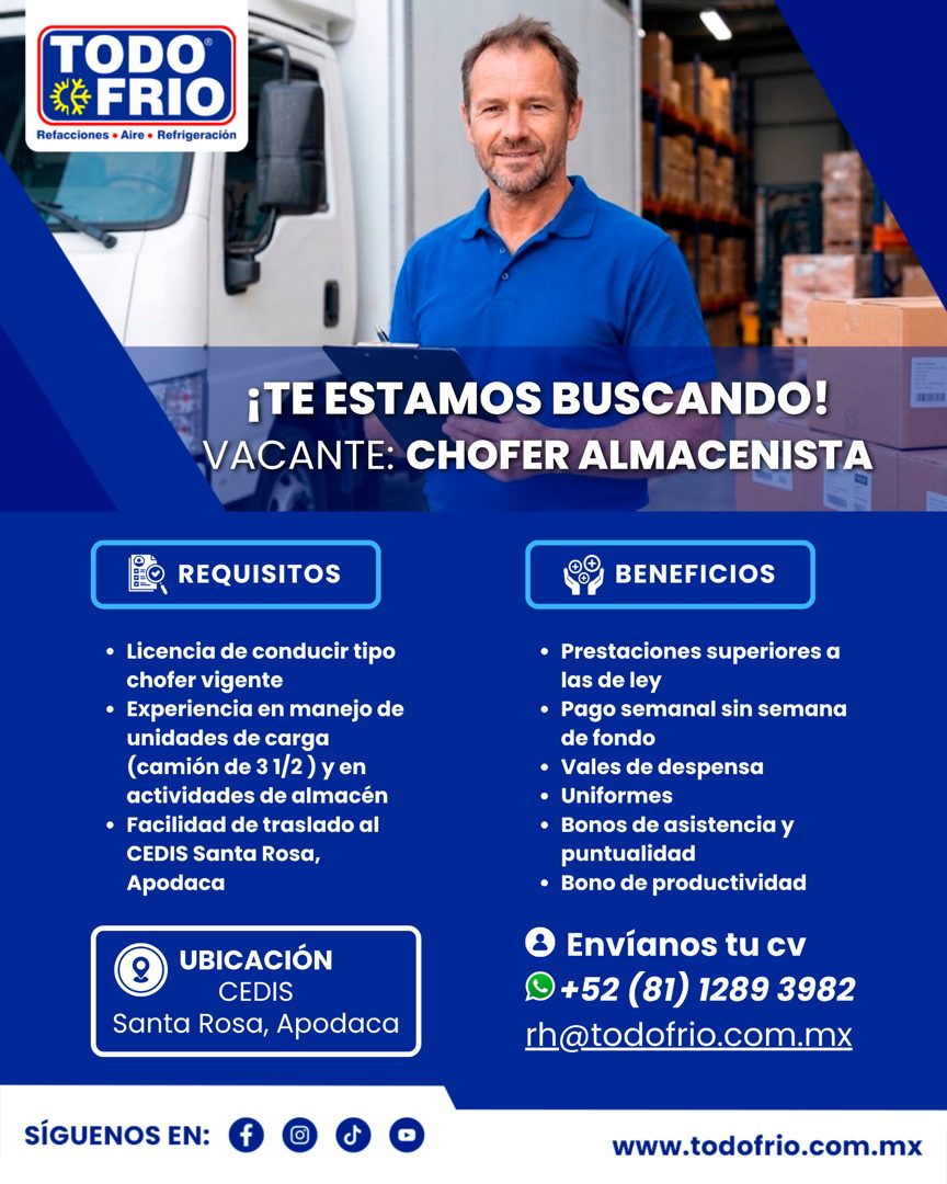 Banner del anuncio de la vacante: TODO · FRIO · Refacciones • Aire • Refrigeración · ¡TE ESTAMOS BUSCANDO! · VACANTE: CHOFER ALMACENISTA · REQUISITOS · BENEFICIOS · • Licenci