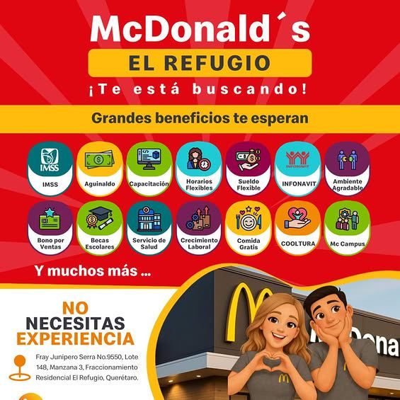 Banner del anuncio de la vacante: McDonald's · EL REFUGIO · ¡Te está buscando! · Grandes beneficios te esperan · IMSS · Aguinaldo · Capacitación · Horarios · Flexibles · Suel