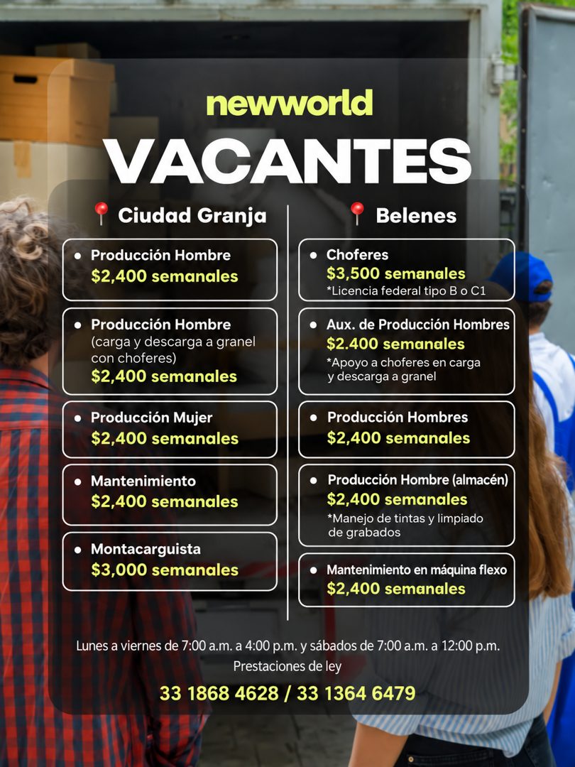 Banner del anuncio de la vacante: newworld · VACANTES · Ciudad Granja · Belenes · • Producción Hombre · $2,400 semanales · • Producción Hombre · (carga y descarga a granel · 