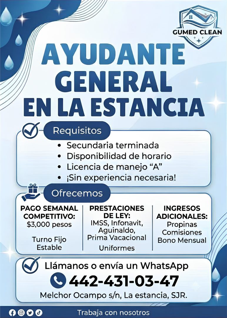 Banner del anuncio de la vacante: GUMED CLEAN · AYUDANTE · GENERAL · EN LA ESTANCIA · Requisitos · • Secundaria terminada · • Disponibilidad de horario · • Licencia de manejo