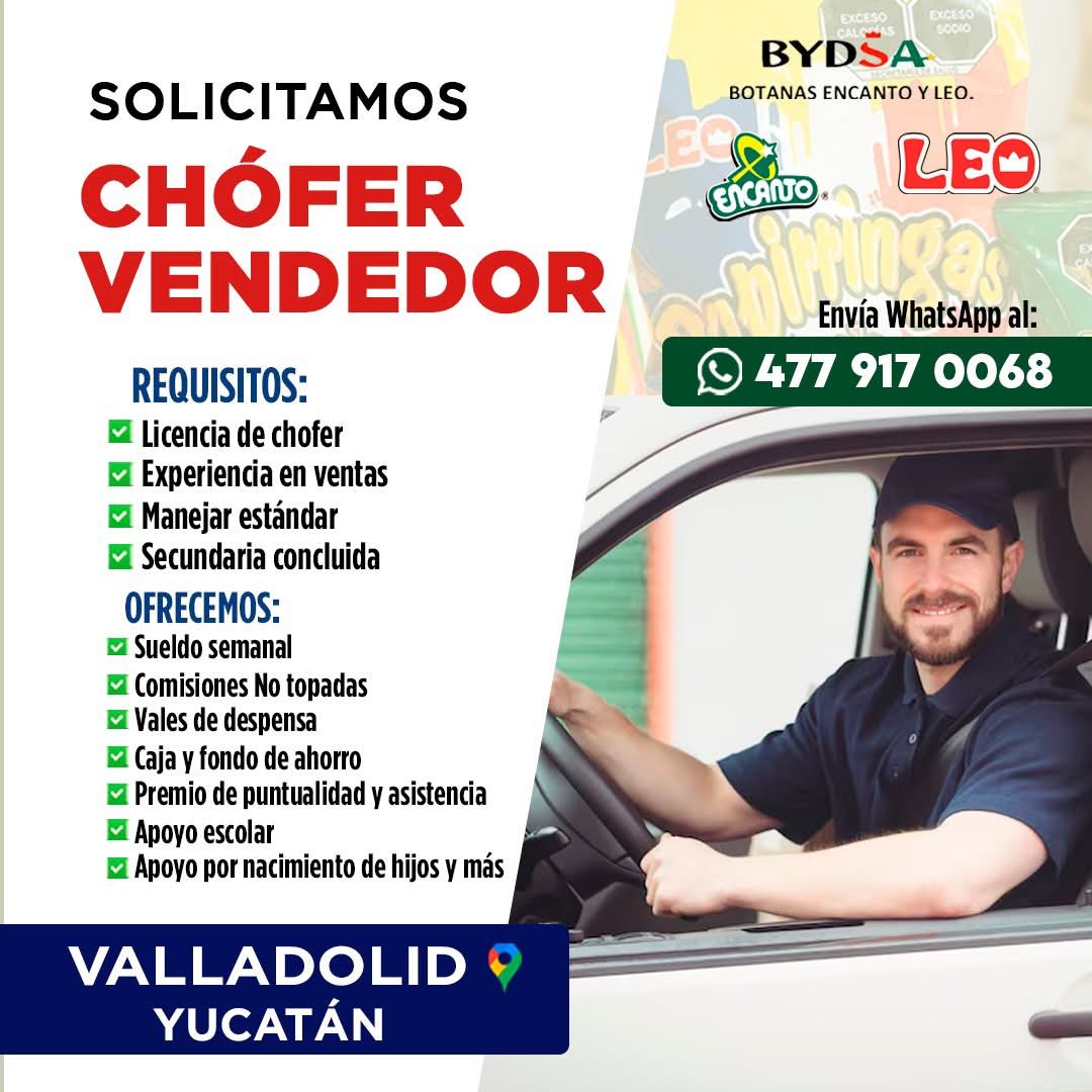 Banner del anuncio de la vacante: SOLICITAMOS · CHÓFER · VENDEDOR · REQUISITOS: · Licencia de chofer · • Experiencia en ventas · • Manejar estándar · • Secundaria concluida ·