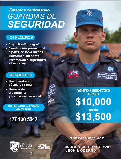 Banner del anuncio de la vacante: Estamos contratando · GUARDIAS DE · SEGURIDAD · OFRECEMOS · • Capacitación pagada. · • Crecimiento profesional · a partir de los 4 meses. · 
