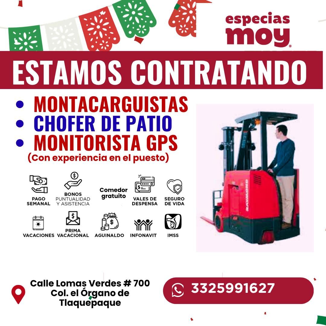 Banner del anuncio de la vacante: especias · moy. · ESTAMOS CONTRATANDO · • MONTACARGUISTAS · • CHOFER DE PATIO · • MONITORISTA GPS · (Con experiencia en el puesto) · PAGO · 