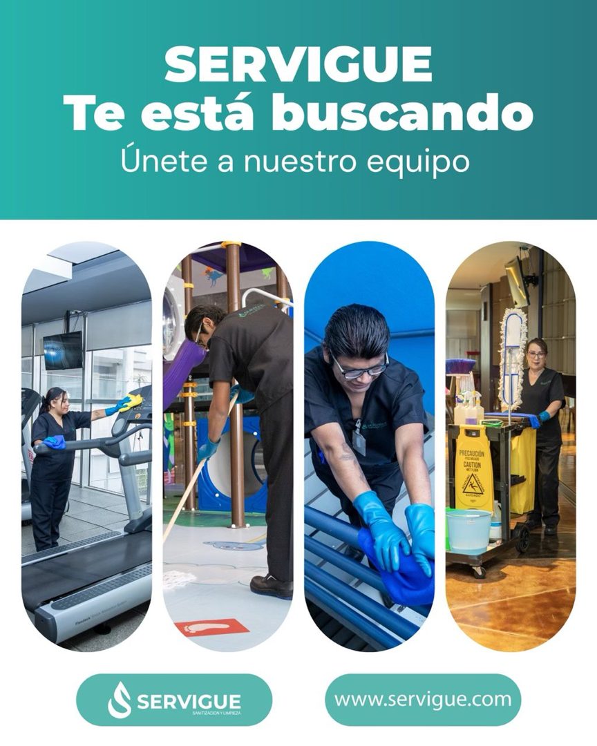 Banner del anuncio de la vacante: SERVIGUE · Te está buscando · Únete a nuestro equipo · CAUTION · ATROCI · S SERVIGUE · SANITIZACION Y LIMPIEZA · www.servigue.com