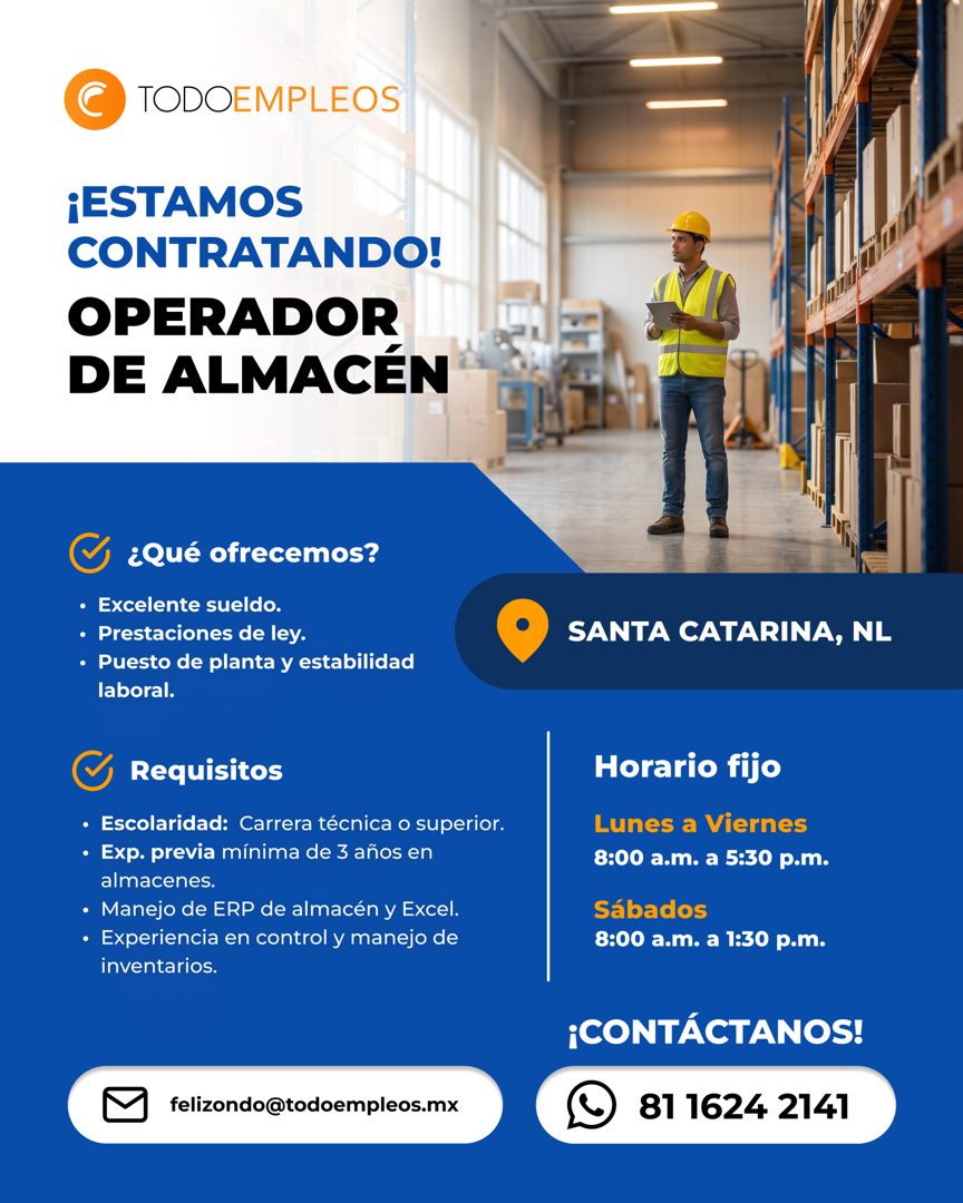 Banner del anuncio de la vacante: TODOEMPLEOS · ¡ESTAMOS · CONTRATANDO! · OPERADOR · DE ALMACÉN · ¿Qué ofrecemos? · • Excelente sueldo. · • Prestaciones de ley. · • Puesto de