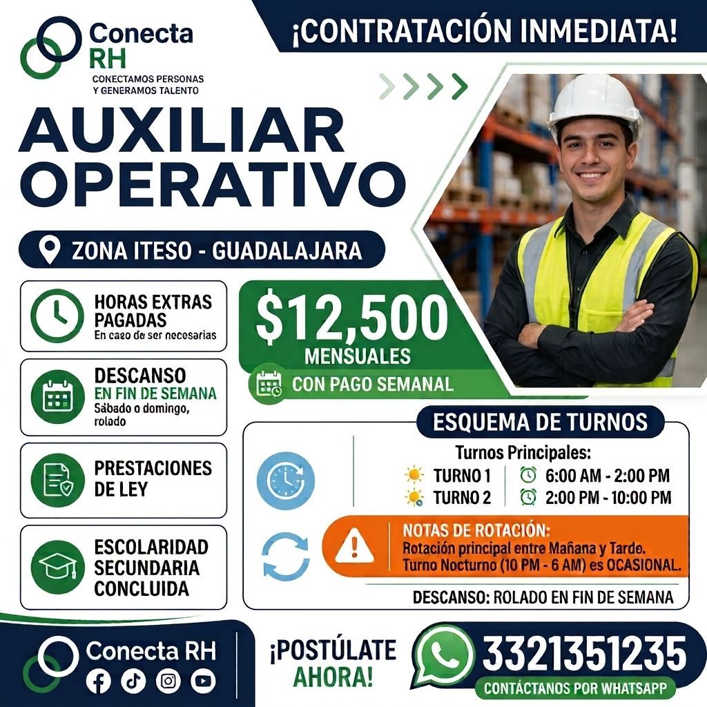 Banner del anuncio de la vacante: Conecta · RH · CONECTAMOS PERSONAS · Y GENERAMOS TALENTO · AUXILIAR · OPERATIVO · ¡CONTRATACIÓN INMEDIATA! · • ZONA ITESO - GUADALAJARA · HO