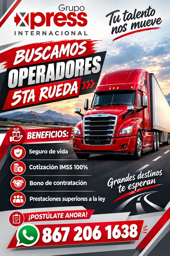 Banner del anuncio de la vacante: Grupo · Xpress · INTERNACIONAL · BUSCAMOS · IPERAUORES · 5TA RUEDA »»I · Tutalento · nos mueve · BENEFICIOS: · Seguro de vida · Cotización I