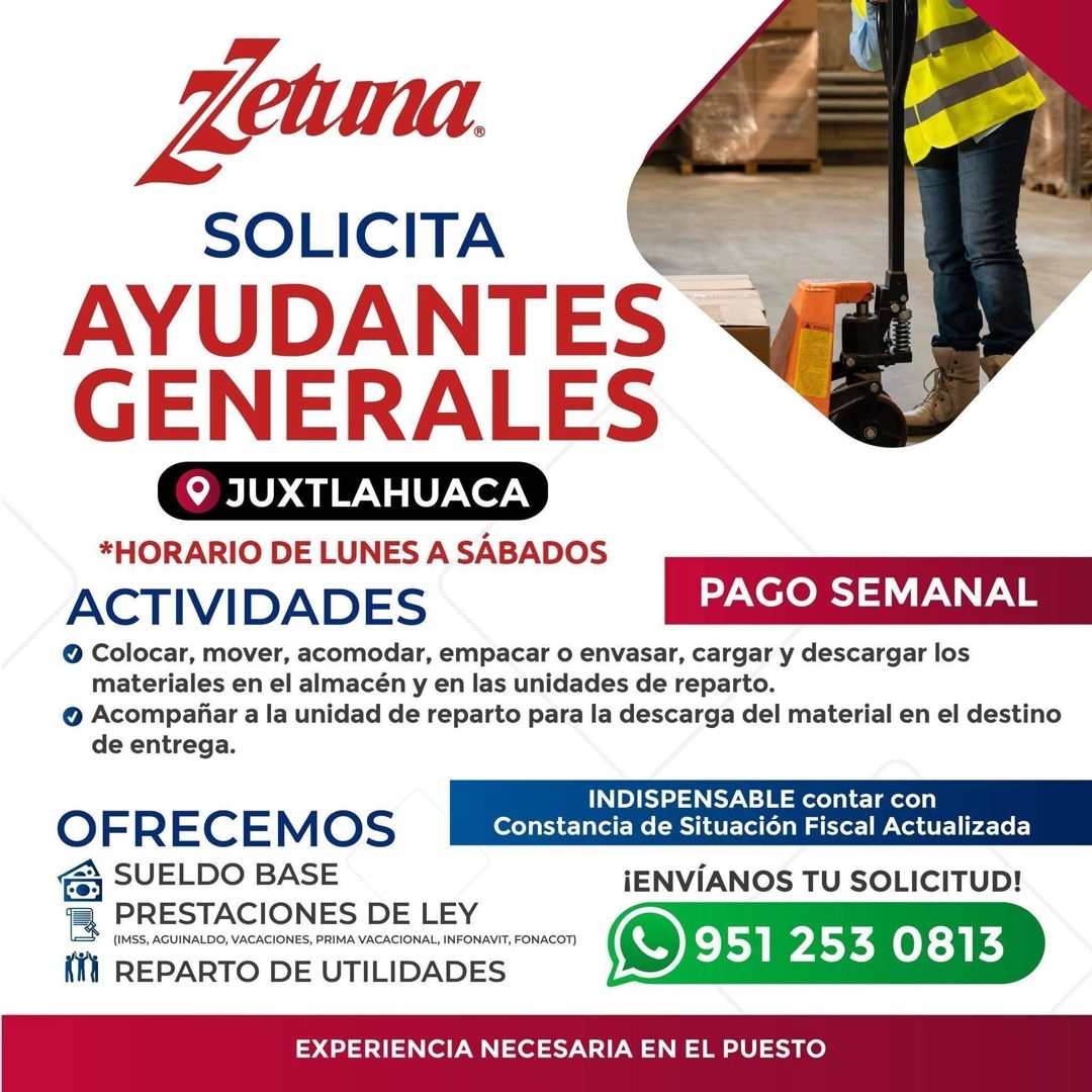 Banner del anuncio de la vacante: Jetuna. · SOLICITA · AYUDANTES · GENERALES · JUXTLAHUACA · *HORARIO DE LUNES A SÁBADOS · ACTIVIDADES · PAGO SEMANAL · • Colocar, mover, acom