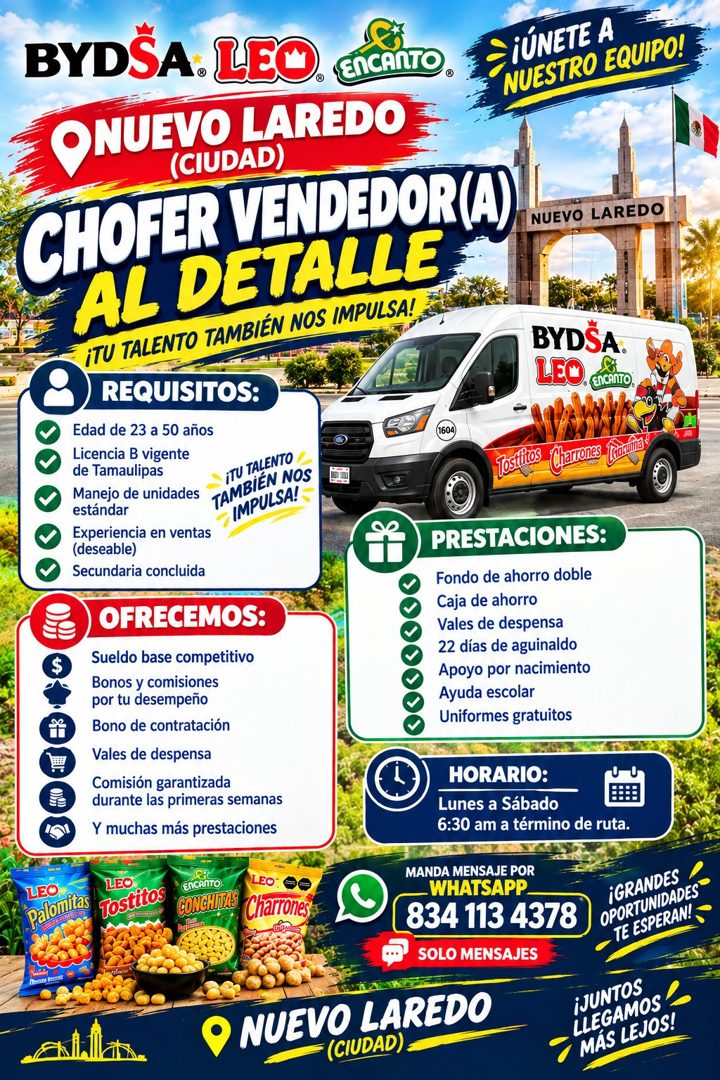 Banner del anuncio de la vacante: BYDSA. LEO · EnCANTO® · ¡ÚNETE A · NUESTRO EQUIPO! · ONUEVO LAREDO · (CIUDAD) · CHOFER VENDEDOR (A) · NUEVO LAREDO · AL DETALLE · ¡TU TALENT