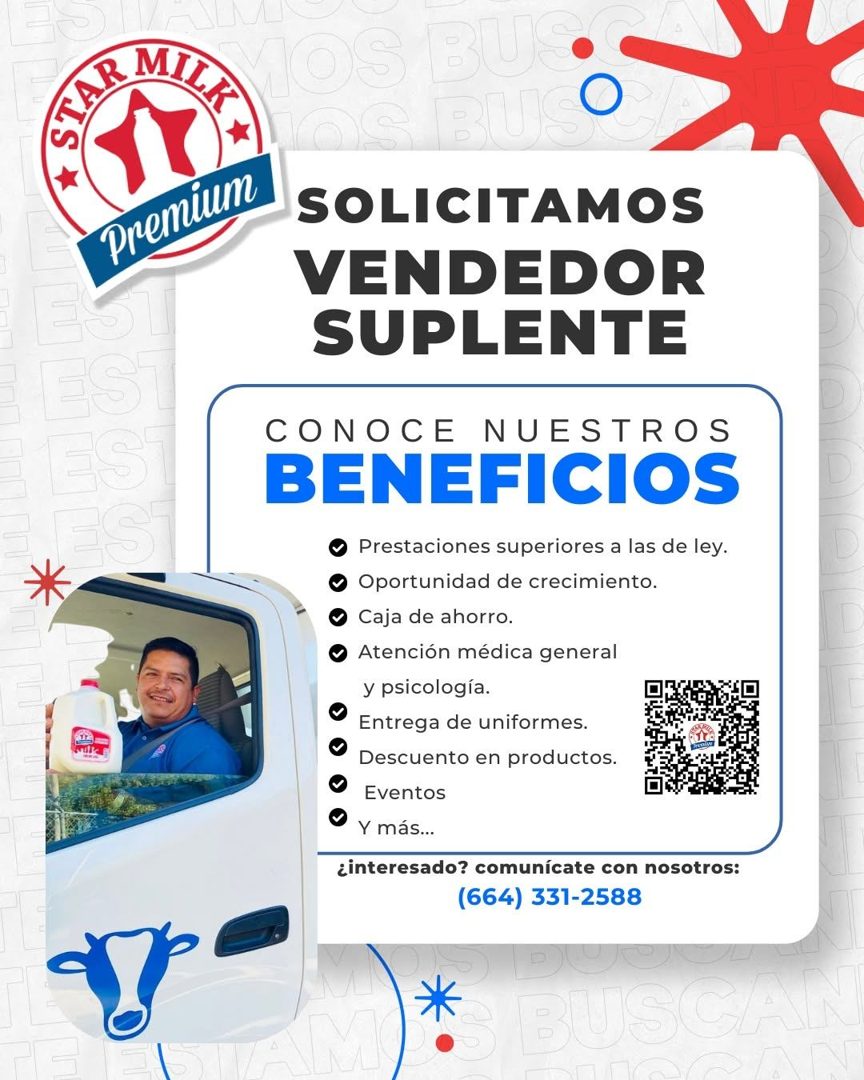 Banner del anuncio de la vacante: Premium · 3 ESU · EST · ES. · * · U• · LUIS · SOLICITAMOS · VENDEDOR · SUPLENTE · milk · CONOCE NUESTROS · BENEFICIOS · Prestaciones superio