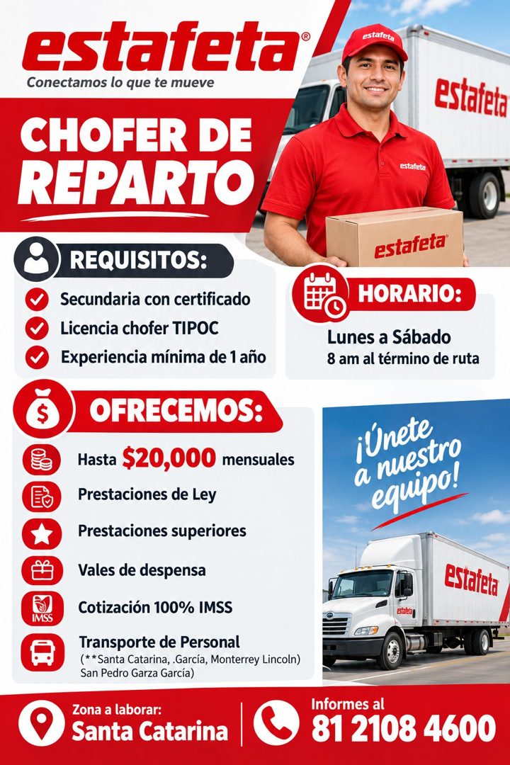 Banner del anuncio de la vacante: estafeta® · Conectamos lo que te mueve · CHOFER DE · REPARTO · estafeta · estafeta · estafeta · IMSS · REQUISITOS: · Secundaria con certific