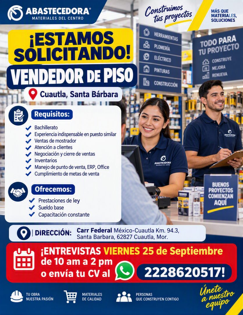 Banner del anuncio de la vacante: ABASTECEDORA® · MATERIALES DEL CENTRO · Construimos · tus proyectos · MÁS QUE · MATERIALES, · SQLUCIONES · ¡ESTAMOS · SOLICITANDO! · VENDEDO