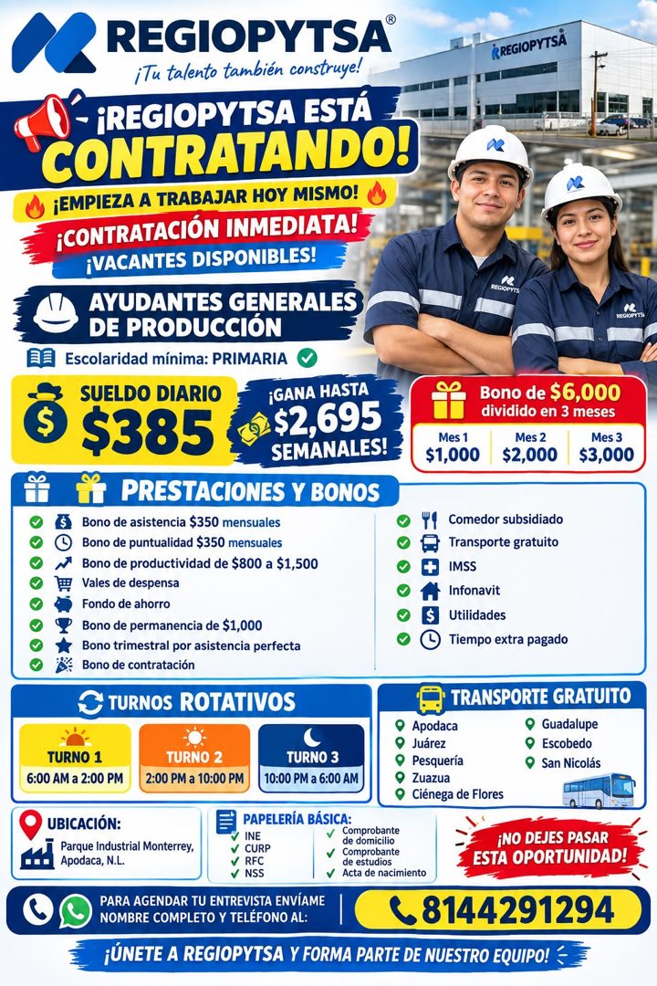 Banner del anuncio de la vacante: REGIOPYTSA® · ¡Tu talento también construye! · RREGIOPYTSA · - ¡REGIOPYTSA ESTA · CONTRATANDO! · ¡EMPIEZA A TRABAJAR HOY MISMO! · ¡CONTRATAC