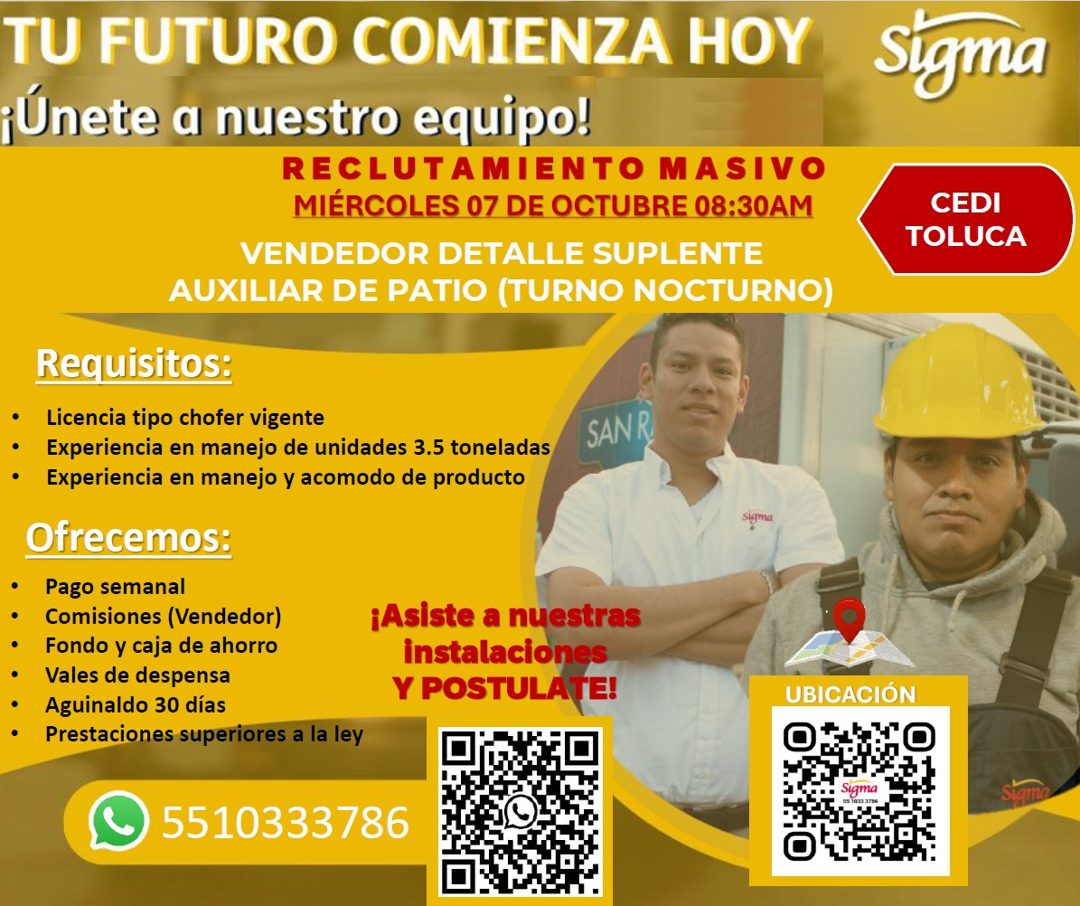 Banner del anuncio de la vacante: TU FUTURO COMIENZA HOY · ¡Únete a nuestro equipo! · RECLUTAMIENTO MASIVO · MIÉRCOLES 07 DE OCTUBRE 08:30AM · VENDEDOR DETALLE SUPLENTE · AUX