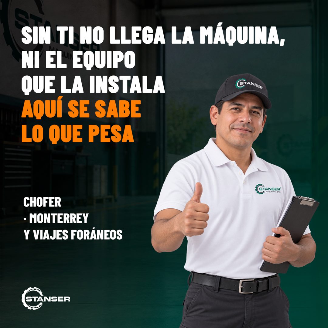 Banner del anuncio de la vacante: SIN TI NO LLEGA LA MÁQUINA, · NI EL 'EQUIPO · QUE LA INSTALA · STANSER · AQUÍ SE SABE · LO QUE PESA · STANSER · MAOUIMARIA CHC · CHOFER · • 