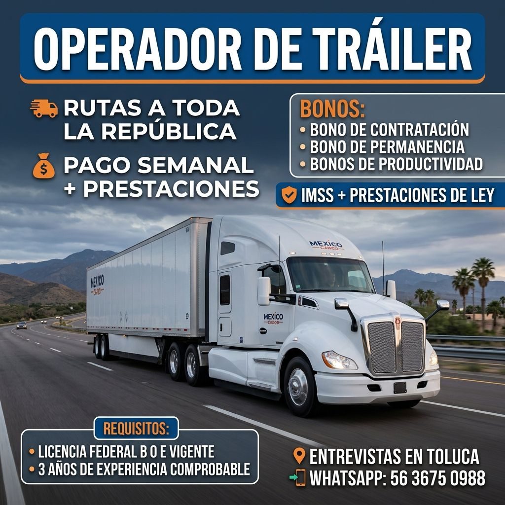 Banner del anuncio de la vacante: OPERADOR DE TRÁILER · RUTAS A TODA · LA REPÚBLICA · PAGO SEMANAL · + PRESTACIONES · BONOS: · • BONO DE CONTRATACIÓN · • BONO DE PERMANENCIA 