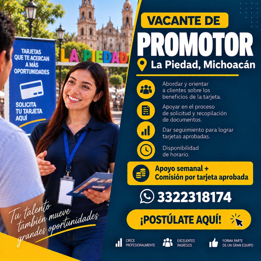 Banner del anuncio de la vacante: TARJETAS · QUE TE ACERCAN · A MÁS · OPORTUNIDADES · LA PIEDA · 00002 · SOLICITA · TU TARJETA · AQUÍ · Tu talento · también mueve · grandes o