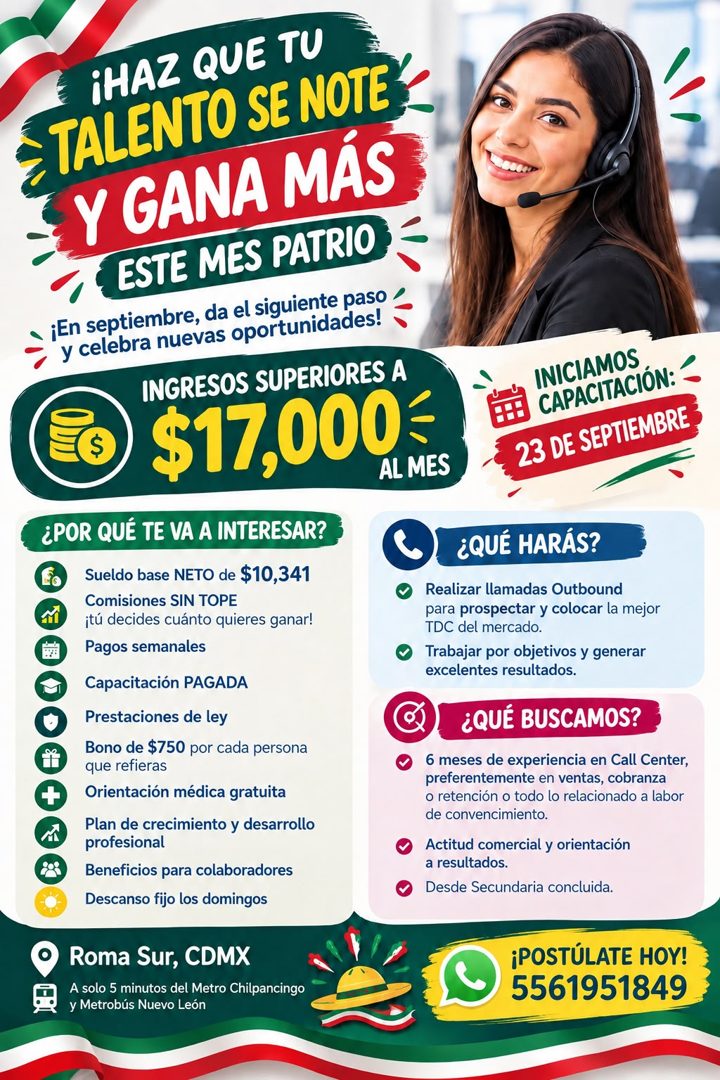 Banner del anuncio de la vacante: ¡HAZ QUE TU · TALENTO SE NOTE · Y GANA MÁS · ESTE MES PATRIO · ¡En septiembre, da el siguiente paso · y celebra nuevas oportunidades! · INGR