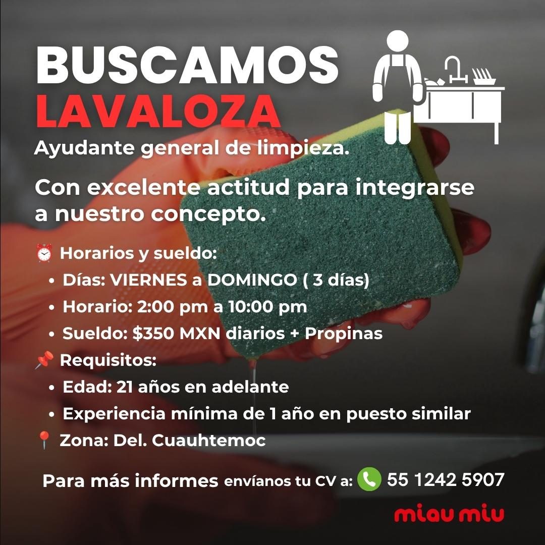 Banner del anuncio de la vacante: BUSCAMOS · LAVALOZA · Ayudante general de limpieza. · Con excelente actitud para integrarse · a nuestro concepto. · Horarios y sueldo: · • D