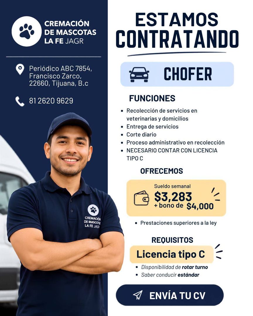 Banner del anuncio de la vacante: CREMACIÓN · DE MASCOTAS · LA FE JAGR · Periódico ABC 7854, · Francisco Zarco, · 22660, Tijuana, B.c · 81 2620 9629 · CREMACION · DE MASCONE 