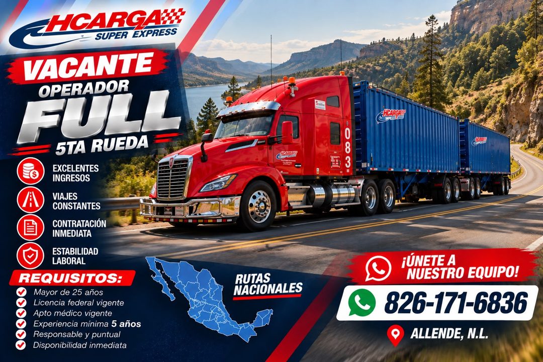 Banner del anuncio de la vacante: ENCARGAN · SUPER EXPRESS · VACANTE · OPERADOR · FULL · 5TA RUEDA · EXCELENTES · INGRESOS · A · VIAJES · CONSTANTES · CONTRATACIÓN · INMEDIAT