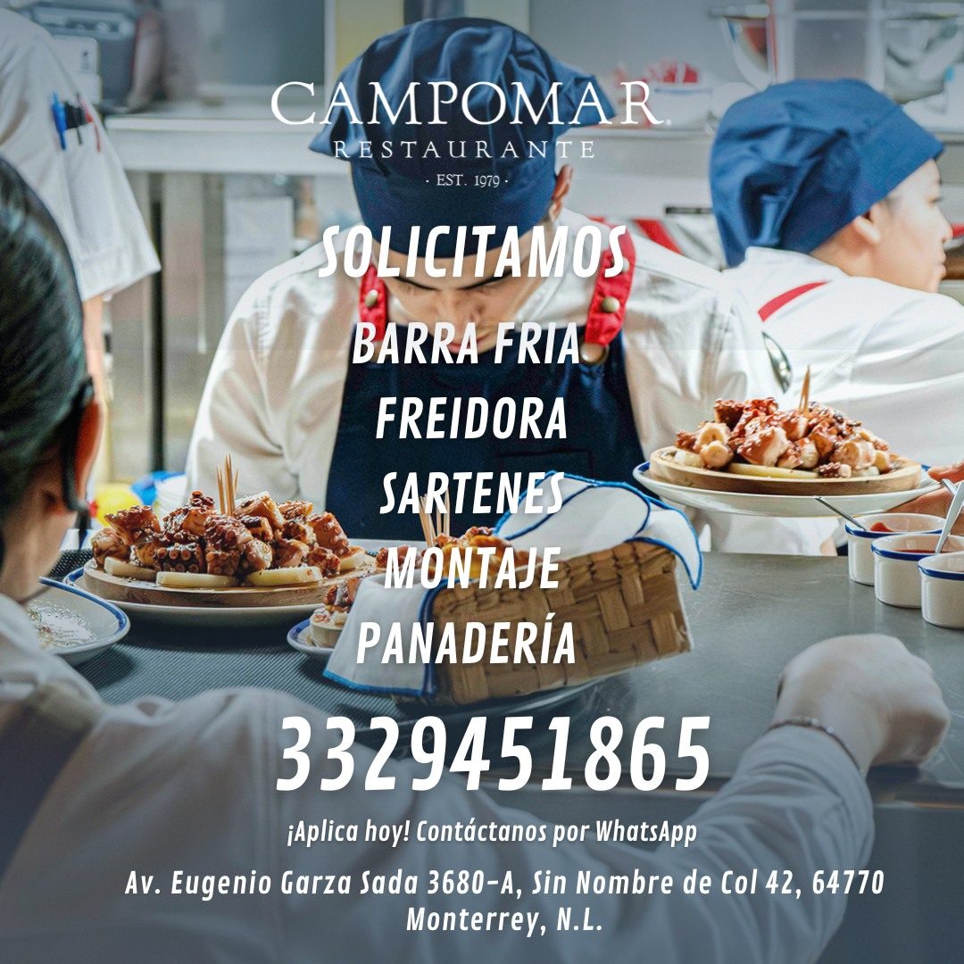 Banner del anuncio de la vacante: CAMPOMAR · RESTAURANTE · • EST. 1979 • · SOLICITAMOS · BARRA FRIA · FREIDORA · SARTENES · MONTAJE · PANADERÍA · 3329451865 · ¡Aplica hoy! Co