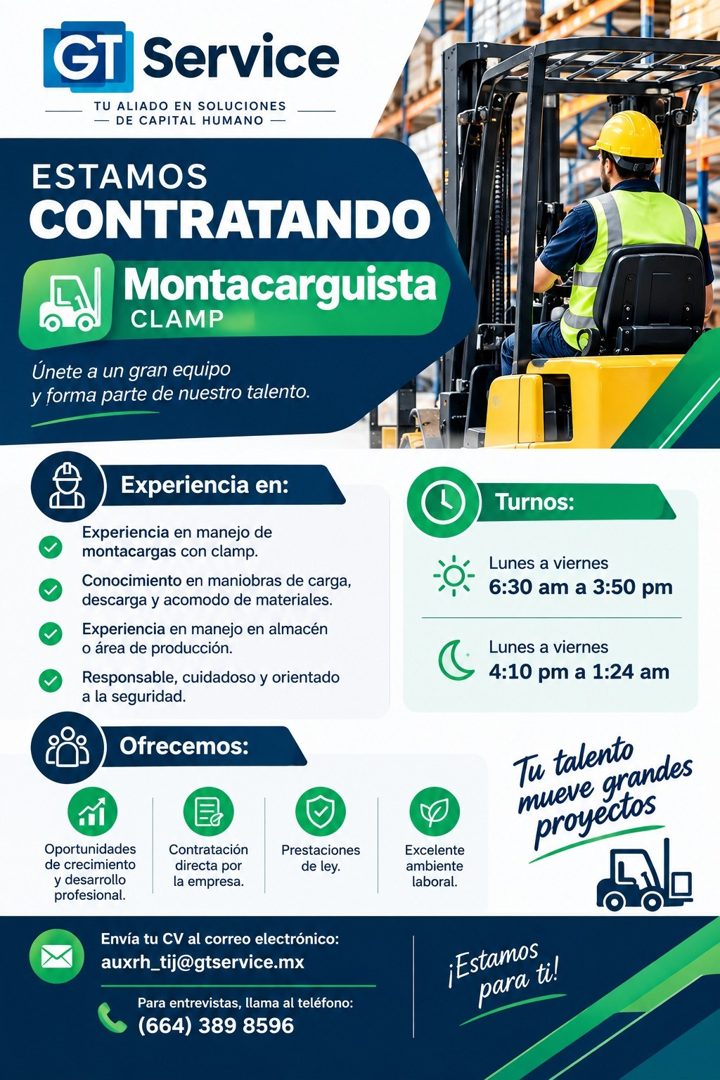 Banner del anuncio de la vacante: GT · Service · TU ALIADO EN SOLUCIONES · — DE CAPITAL HUMANO - · ESTAMOS · CONTRATANDO · Montacarguista · CLAMP · Únete a un gran equipo · y