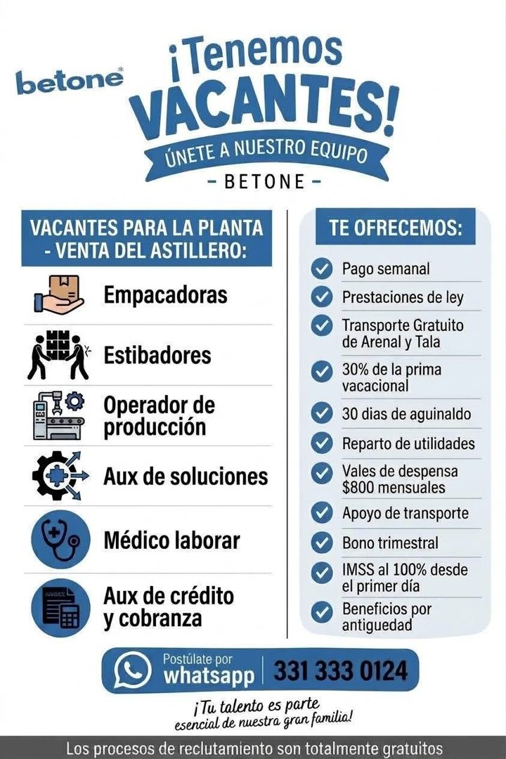 Banner del anuncio de la vacante: betone® · ¡Tenemos · VÁCANTES! · ÚNETE A NUESTRO EQUIPO · - BETONE - · VACANTES PARA LA PLANTA · - VENTA DEL ASTILLERO: · TE OFRECEMOS: · Em