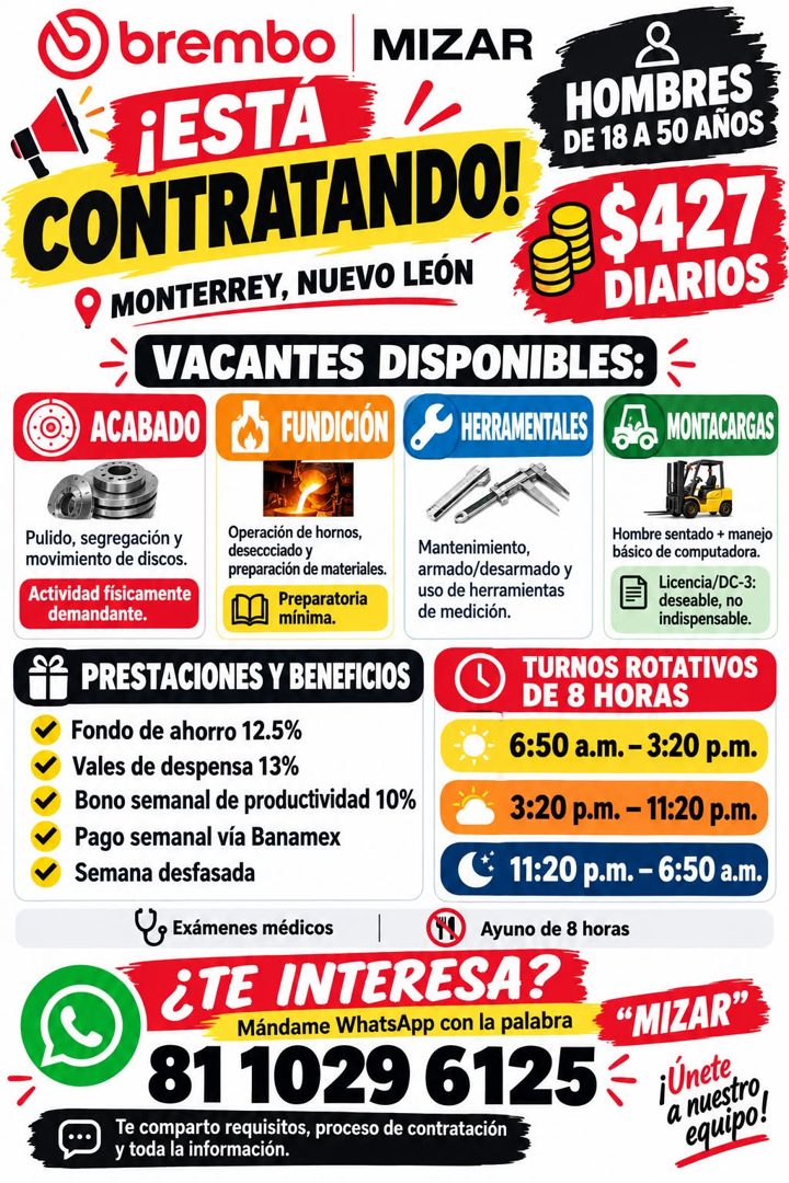 Banner del anuncio de la vacante: ) brembo · MIZAR · HOMBRES · CONTRATANDO! · DE 18 A 50 AÑOS · $427 · O MONTERREY, NUEVO LEÓN · DIARIOS · VACANTES DISPONIBLES: · ACABADO · F