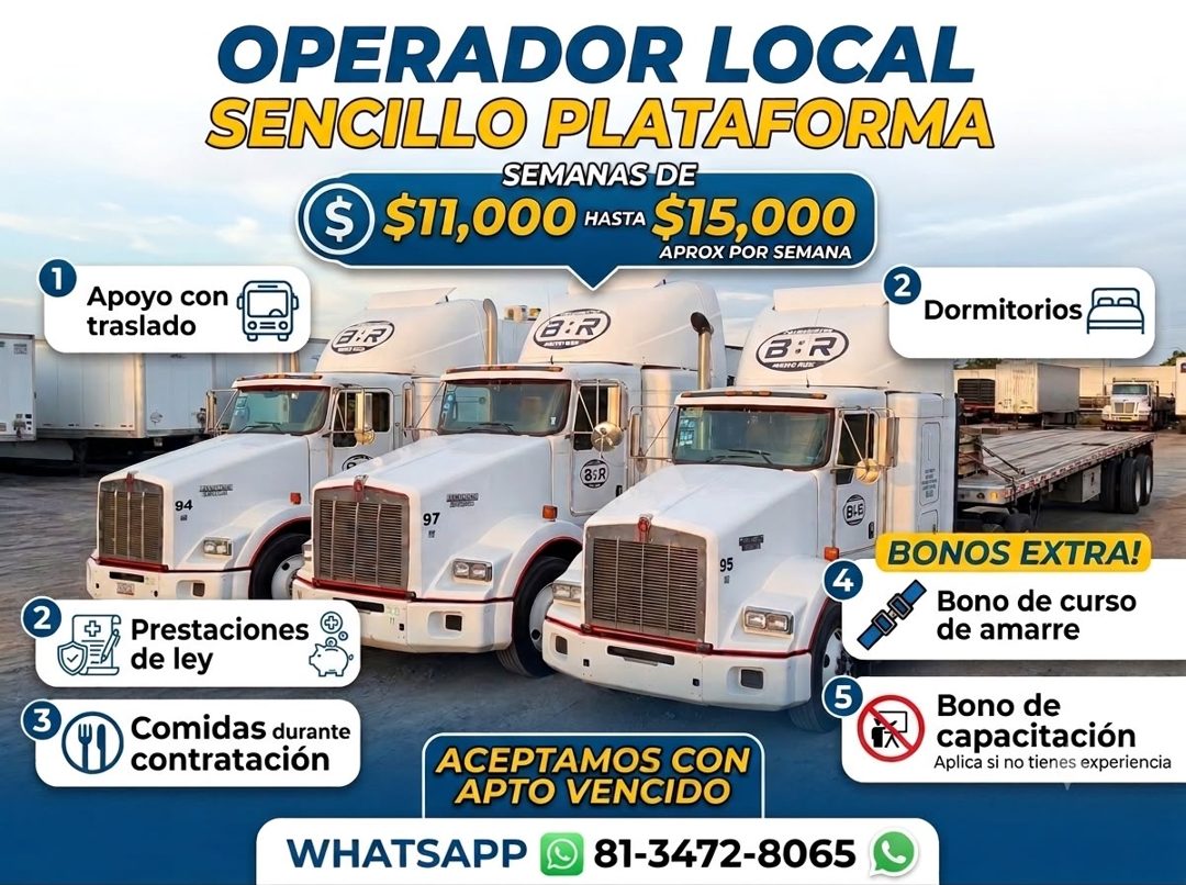 Banner del anuncio de la vacante: 2 · 3 · OPERADOR LOCAL · SENCILLO PLATAFORMA · SEMANAS DE · S · $11,000 HASTA $15,000 · APROX POR SEMANA · Apoyo con · traslado · Dormitorio