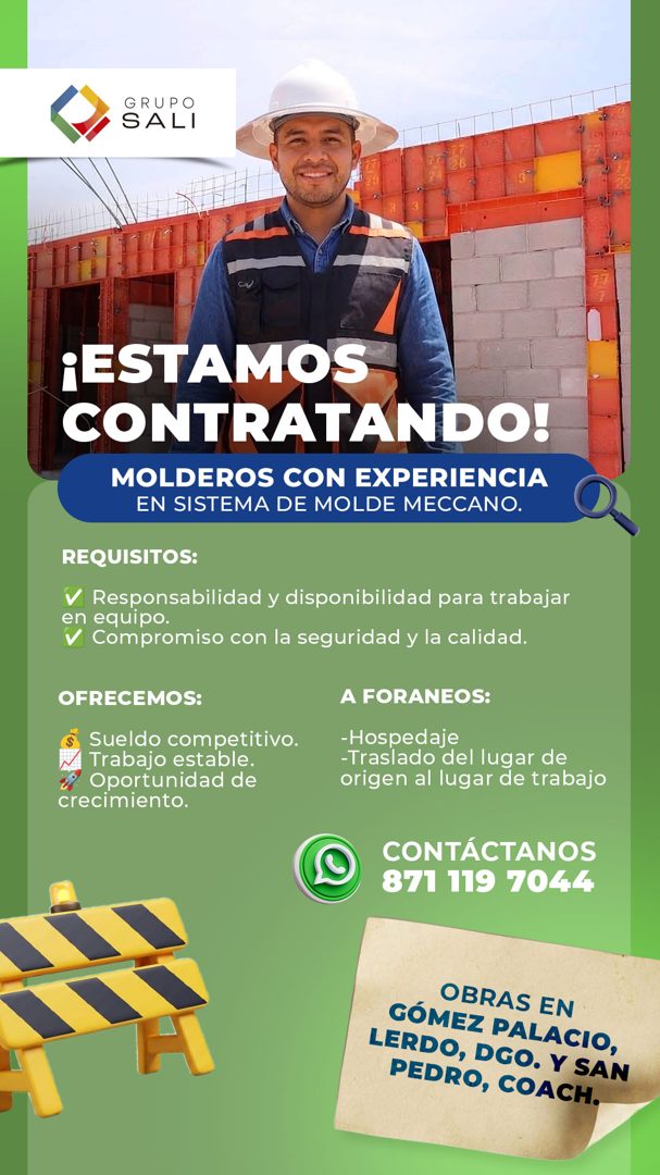 Banner del anuncio de la vacante: GRUPO · SALI · ¡ESTAMOS · CONTRATANDO! · MOLDEROS CON EXPERIENCIA · EN SISTEMA DE MOLDE MECCANO. · REQUISITOS: · V Responsabilidad y disponi