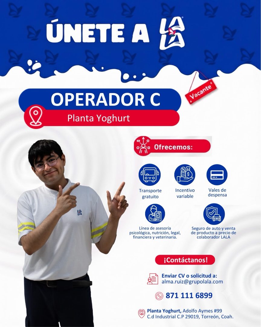Banner del anuncio de la vacante: ÚNETE A LA · OPERADOR C · Planta Yoghurt · Vacante · Ofrecemos: · Transporte · gratuito · Incentivo · variable · Vales de · despensa · Línea