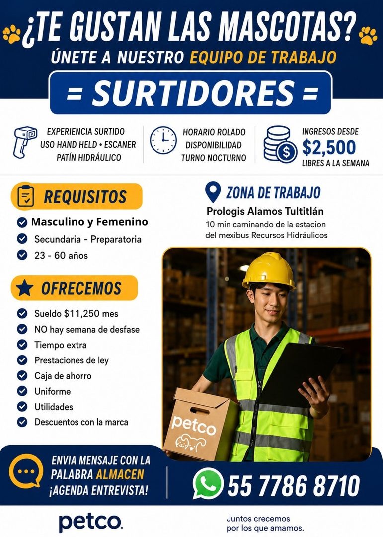 Banner del anuncio de la vacante: *¿TE GUSTAN LAS MASCOTAS? · ÚNETE A NUESTRO EQUIPO DE TRABAJO · = SURTIDORES = · EXPERIENCIA SURTIDO · USO HAND HELD • ESCANER · PATÍN HIDRÁ