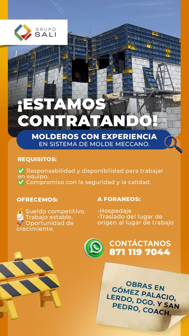 Banner del anuncio de la vacante: GRUPO · SALI · ¡ESTAMOS · CONTRATANDO! · MOLDEROS CON EXPERIENCIA · EN SISTEMA DE MOLDE MECCANO. · REQUISITOS: · Responsabilidad y disponibi