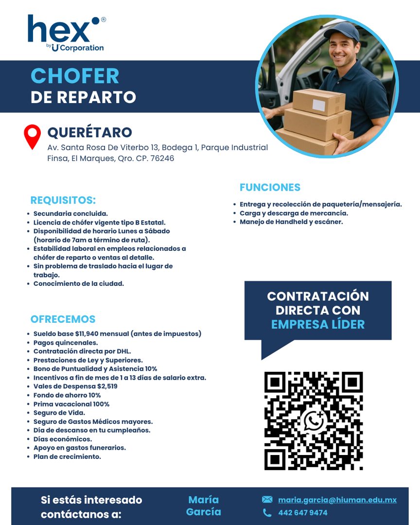 Banner del anuncio de la vacante: hex®® · by U Corporation · CHOFER · DE REPARTO · QUERÉTARO · Av. Santa Rosa De Viterbo 13, Bodega 1, Parque Industrial · Finsa, El Marques, 