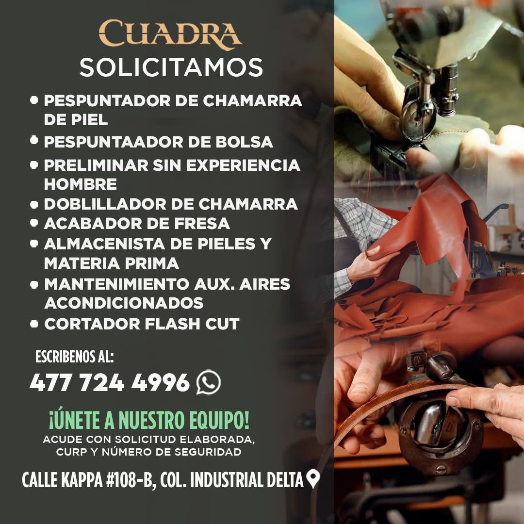 Banner del anuncio de la vacante: CUADRO · SOLICITAMOS · • PESPUNTADOR DE CHAMARRA · DE PIEL · • PESPUNTAADOR DE BOLSA · • PRELIMINAR SIN EXPERIENCIA · HOMBRE · • DOBLILLADOR