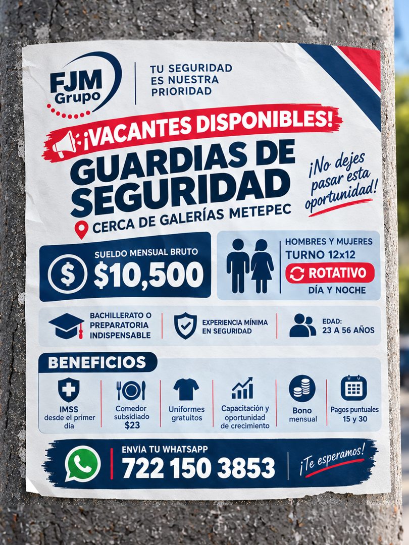 Banner del anuncio de la vacante: FJM · Grupo · TU SEGURIDAD · ES NUESTRA · PRIORIDAD · ¡:¡VACANTES DISPONIBLES! · GUARDIAS DE · SEGURIDAD · CERCA DE GALERÍAS METEPEC · ¡No d