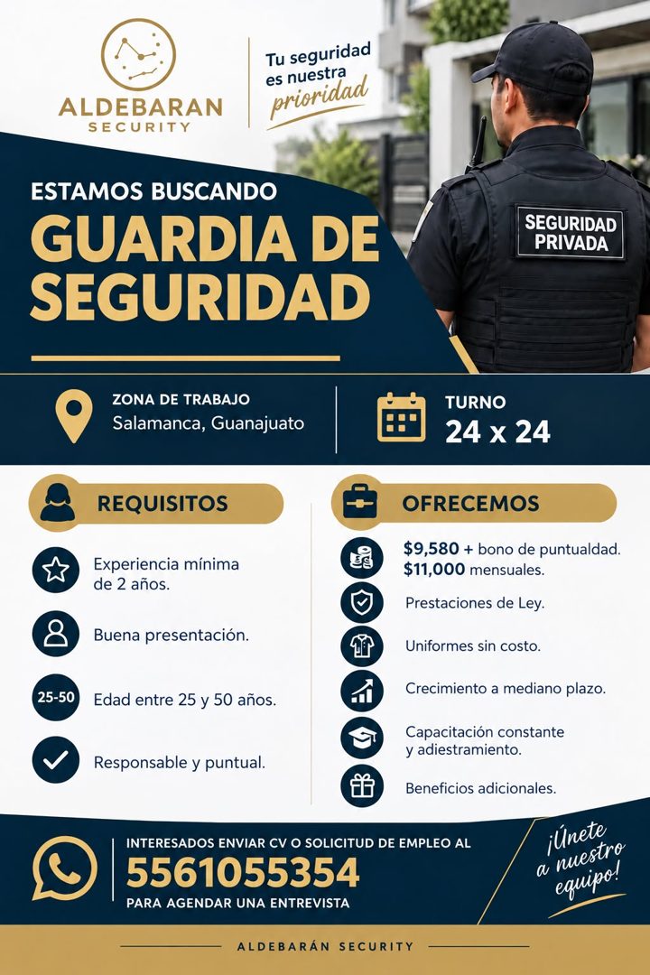 Banner del anuncio de la vacante: ALDEBARAN · SECURITY · Tu seguridad · es nuestra · prioridad · ESTAMOS BUSCANDO · GUARDIA DE · SEGURIDAD · SEGURIDAD · PRIVADA · ZONA DE TRA