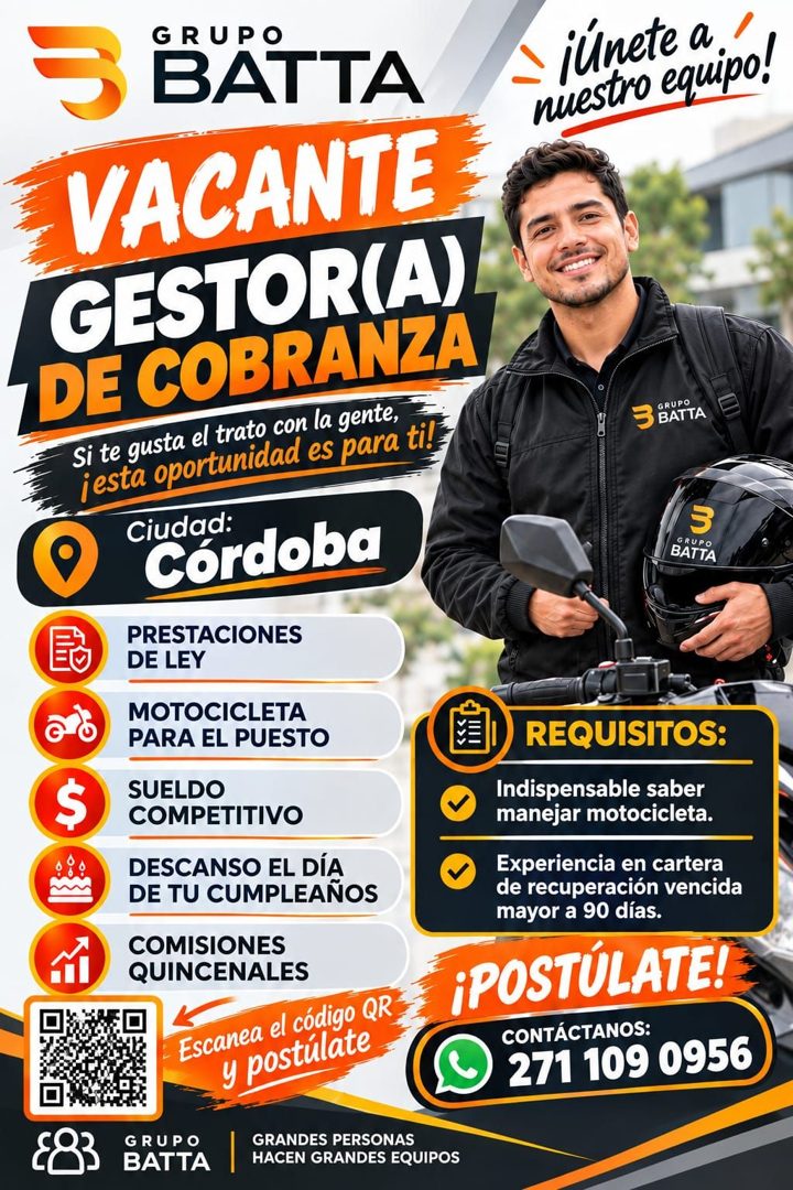 Banner del anuncio de la vacante: 3 · GRUPO · BATTA · VACANTE · GESTOR(A) · DE COBRANZA · Si te gusta el trato con la gente, · ¡esta oportunidad es para ti! · Ciudad: · Córdo