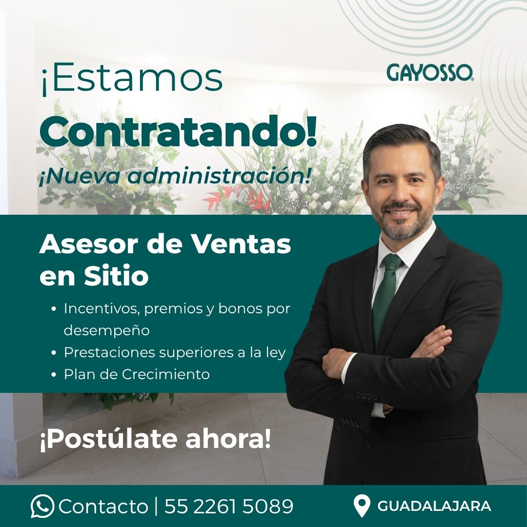 Banner del anuncio de la vacante: ¡Estamos · Contratando! · ¡Nueva administración! · Asesor de Ventas · en Sitio · • Incentivos, premios y bonos por · desempeño · • Prestacio