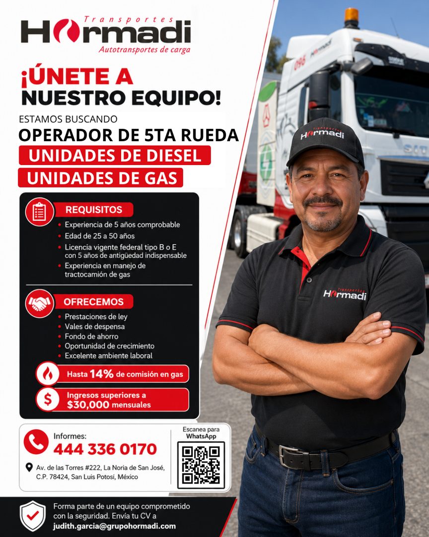Banner del anuncio de la vacante: Transporte · HOrmadi · Autotransportes de carga · ¡ÚNETE A · NUESTRO EQUIPO! · ESTAMOS BUSCANDO · OPERADOR DE 5TA RUEDA · UNIDADES DE DIESEL