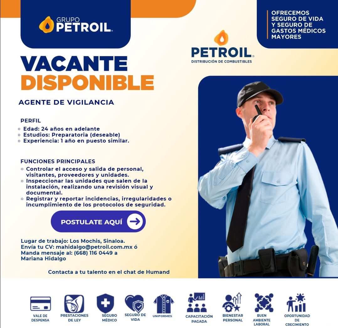 Banner del anuncio de la vacante: GRUPO · PETROIL. · OFRECEMOS · SEGURO DE VIDA · Y SEGURO DE · GASTOS MÉDICOS · MAYORES · PETROIL. · DISTRIBUCIÓN DE COMBUSTIBLES · VACANTE ·