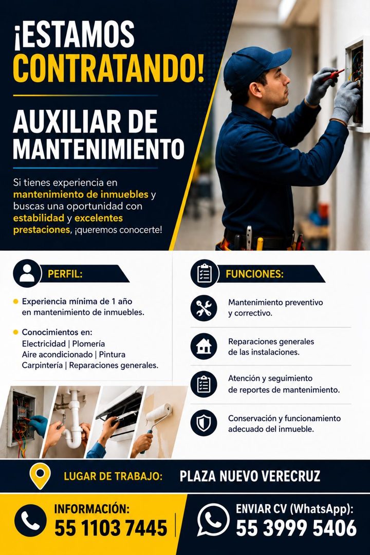 Banner del anuncio de la vacante: ¡ESTAMOS · CONTRATANDO! · AUXILIAR DE · MANTENIMIENTO · Si tienes experiencia en · mantenimiento de inmuebles y · buscas una oportunidad con