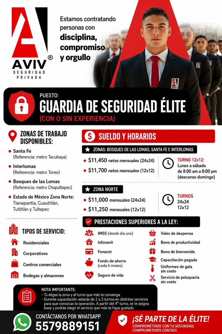 Banner del anuncio de la vacante: Estamos contratando · personas con · disciplina, · compromiso · y orgullo · AVIV · SEGURIDAD · PRIVADA · AVIV · PUESTO: · MARIA 1- S-IRIA0-1